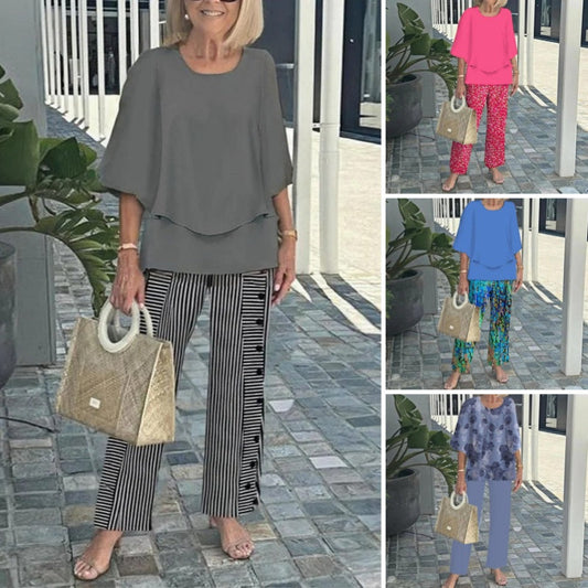 Women’s Casual Round Neck Half Sleeve Top Printed Pants Two Piece Set