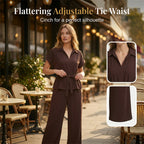 Women's Collared Drawstring Waist Top & Pants Set