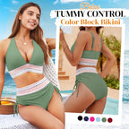 👙High Waisted Tummy Control Colour Block Bikini Sets