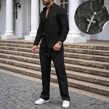 ⏳Time-Limited Special⏰Men’s Casual Waffle Shirt Pants 2-Piece Set