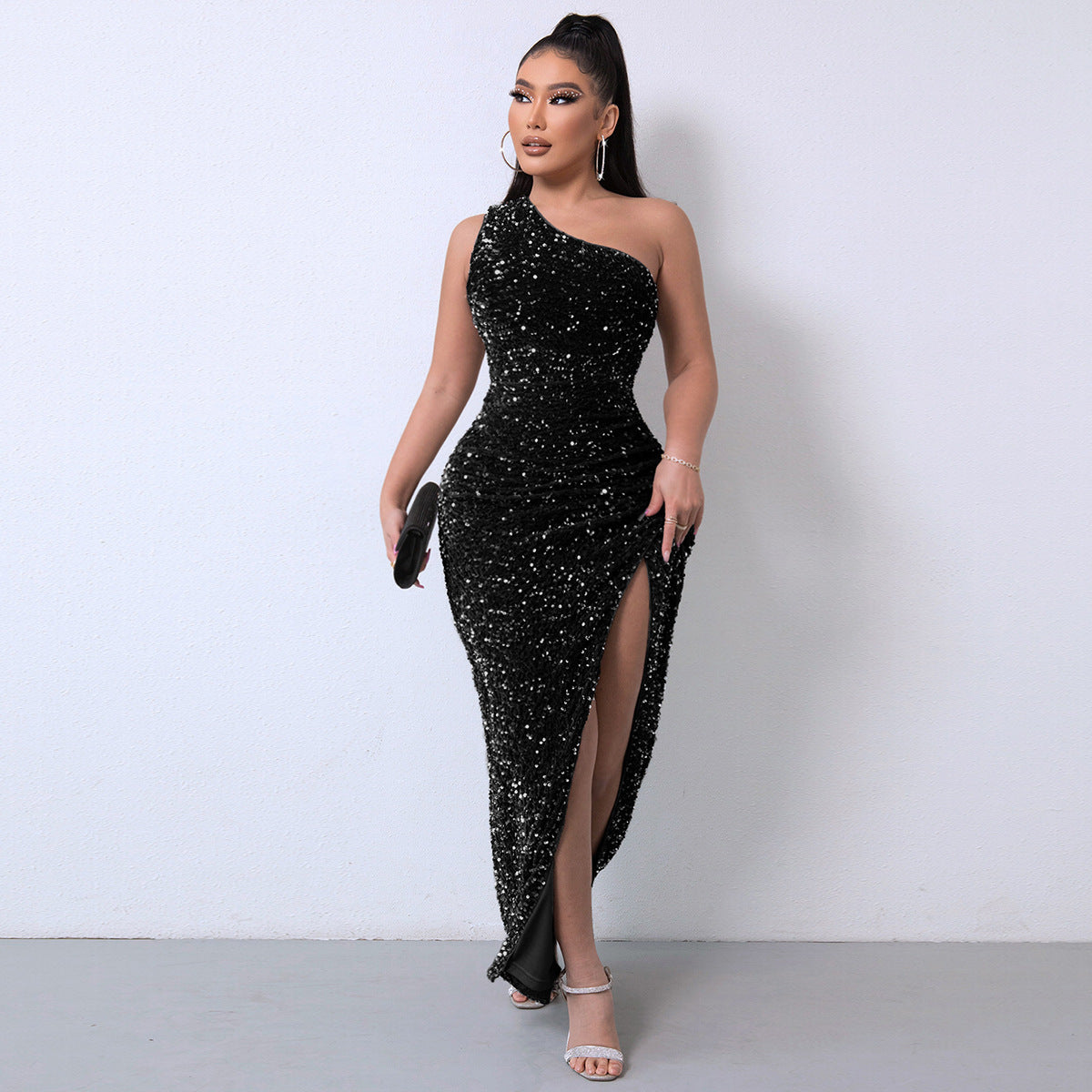 💃Women's Glitter Sequins One Shoulder Ruched Split Thigh Bodycon Dress