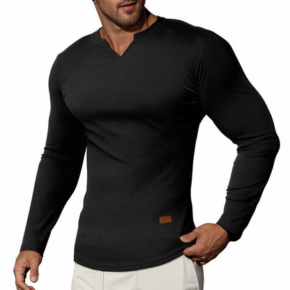 V-Neck Longline Ribbed Tees Shirts Long Sleeve Gym Workout Athletic Menswear Tops