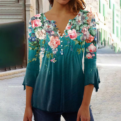 Women's Floral Button V-Neck Pleated 3/4 Sleeve T-Shirt
