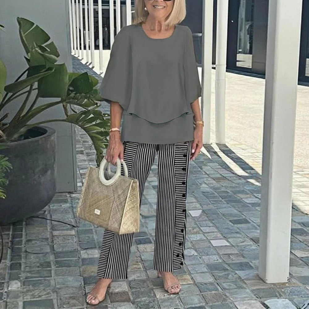Women’s Casual Round Neck Half Sleeve Top Printed Pants Two Piece Set