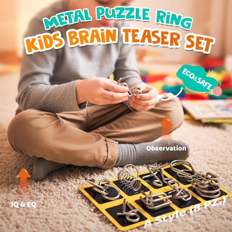 Metal Puzzle Ring Set (8-Piece) Blue Edition Brain Teaser Game