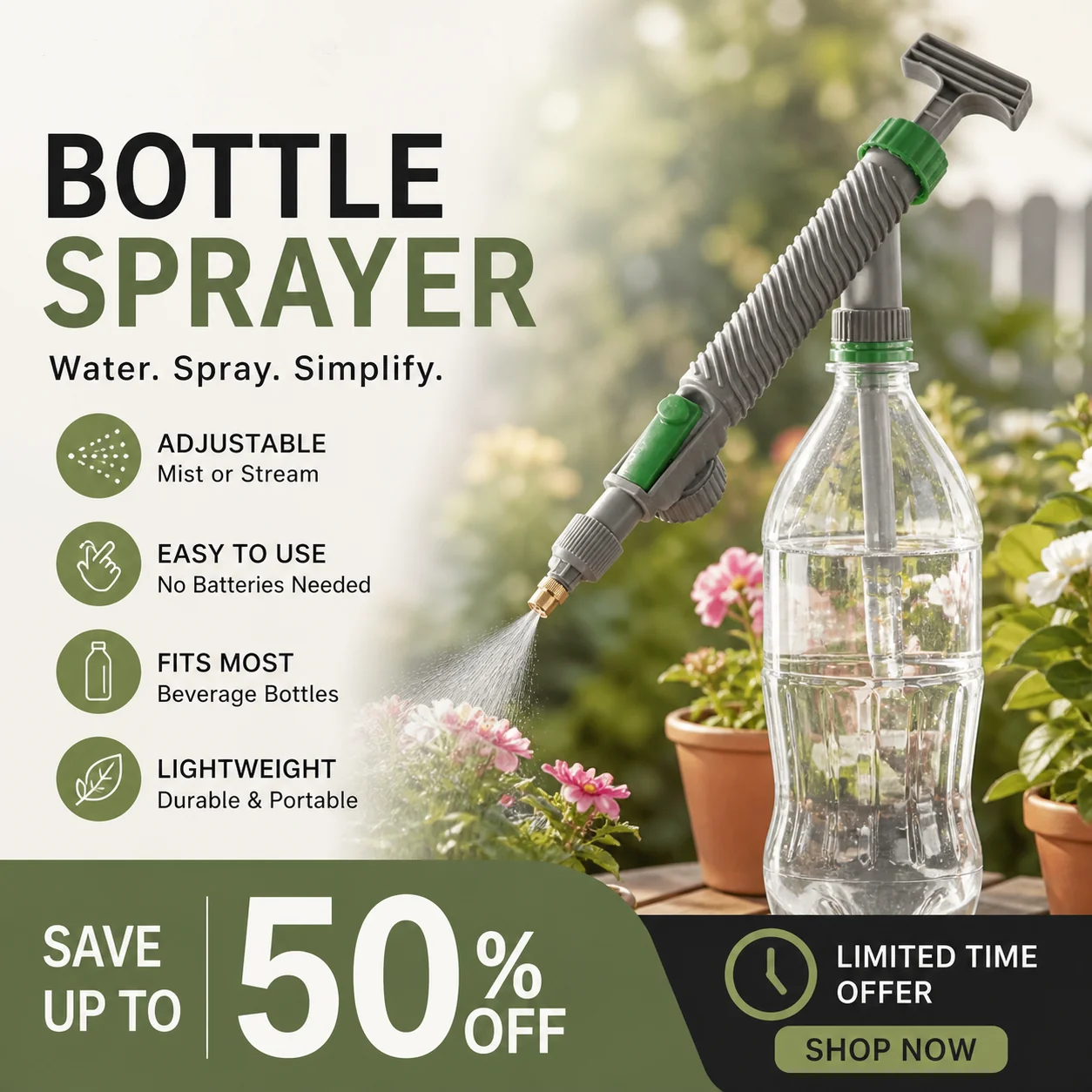 🌿Manual Drink Bottle Sprayer with Adjustable Nozzle‑Portable DIY Garden Spray Tool, Fits Standard Plastic Bottles for Plant Watering, Fertilizing & Pest Control