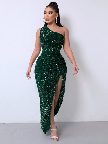 💃Women's Glitter Sequins One Shoulder Ruched Split Thigh Bodycon Dress