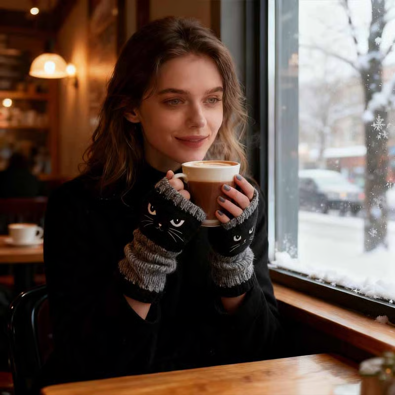 🐱 Cute Women’s Knitted Cat Gloves — For Warm Hands & Free Fingers🧶