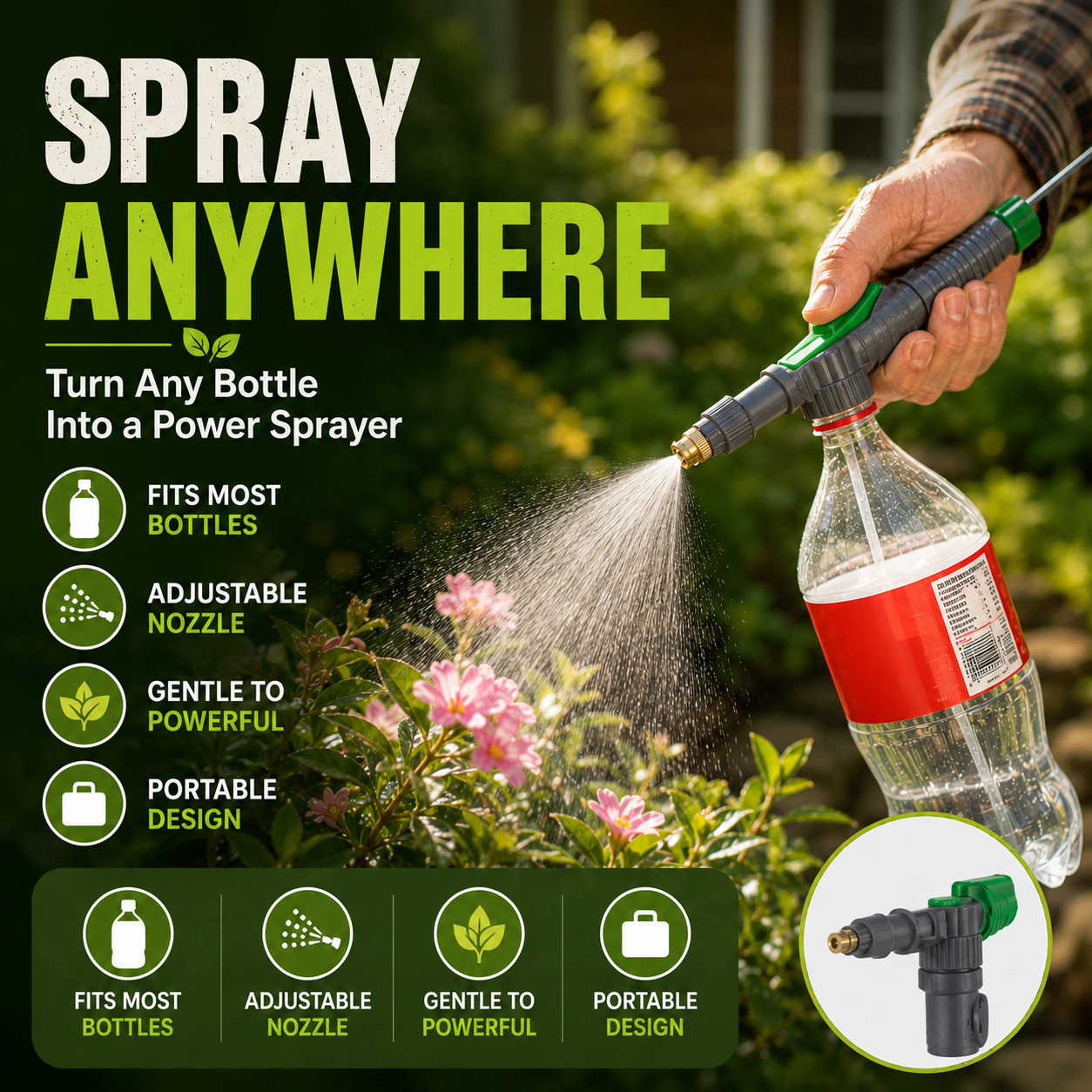 🌿Manual Drink Bottle Sprayer with Adjustable Nozzle‑Portable DIY Garden Spray Tool, Fits Standard Plastic Bottles for Plant Watering, Fertilizing & Pest Control