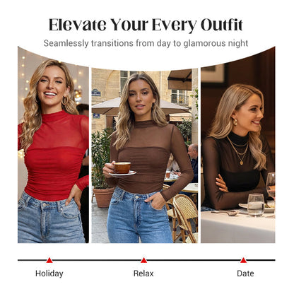 🎉Women's Sparkle Mesh Sheer Long Sleeve Ruched Top