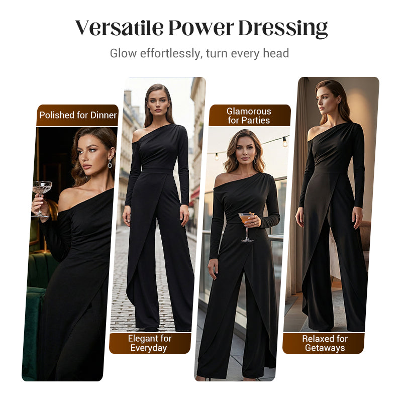 👗Women's Elegant One-Shoulder Jumpsuit – Wide-Leg Flow, Wrap Skirt Detail & Premium Breathable Fabric for a Chic Look 💃
