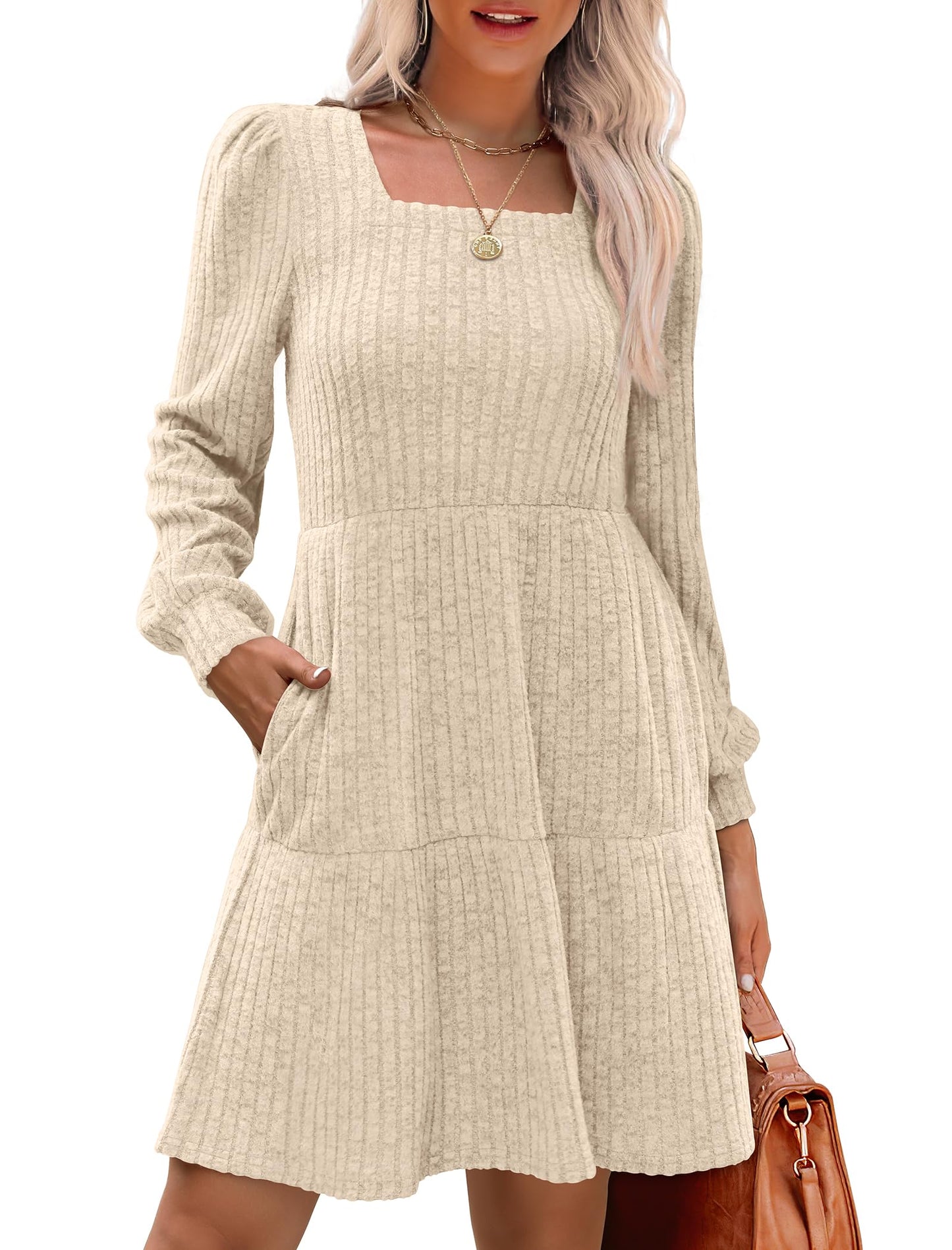💖 Women's Square Neck Lantern Sleeve Ribbed Dress|Glow in Autumnal Elegance!🍁