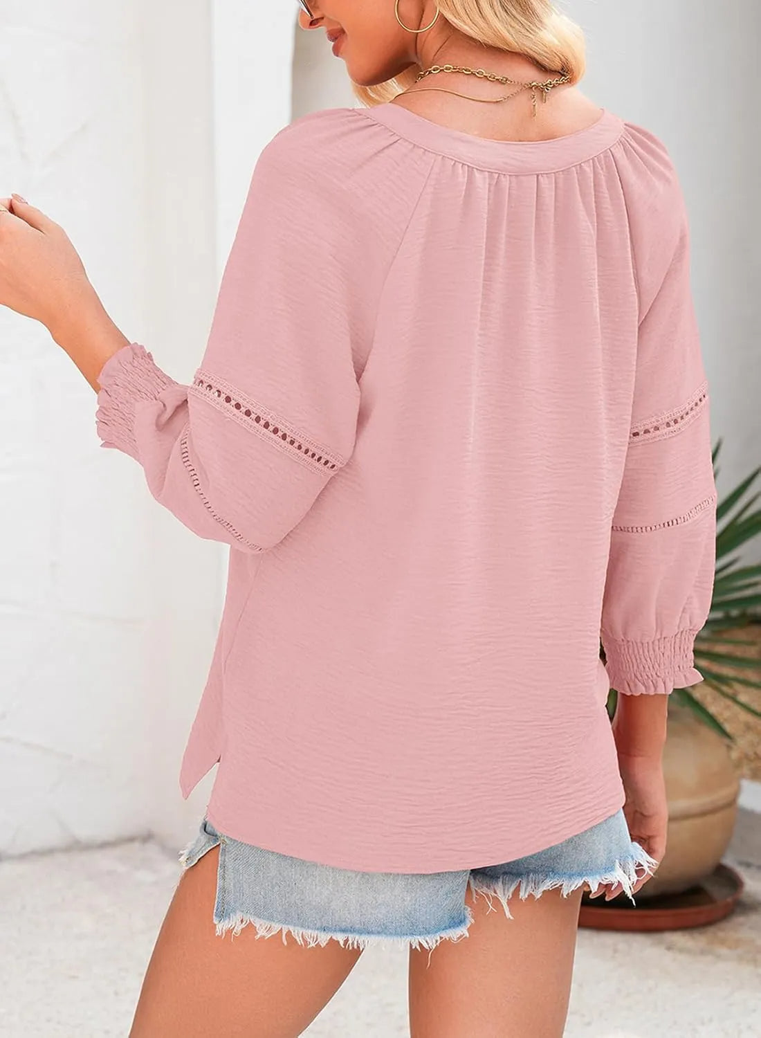 🔥Womens 3/4 Lantern Sleeve Casual V-Neck T-Shirts Pleated Loose Hollow-Out Blouse