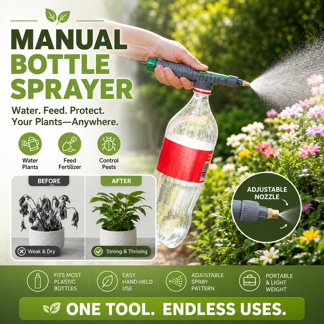 🌿Manual Drink Bottle Sprayer with Adjustable Nozzle‑Portable DIY Garden Spray Tool, Fits Standard Plastic Bottles for Plant Watering, Fertilizing & Pest Control