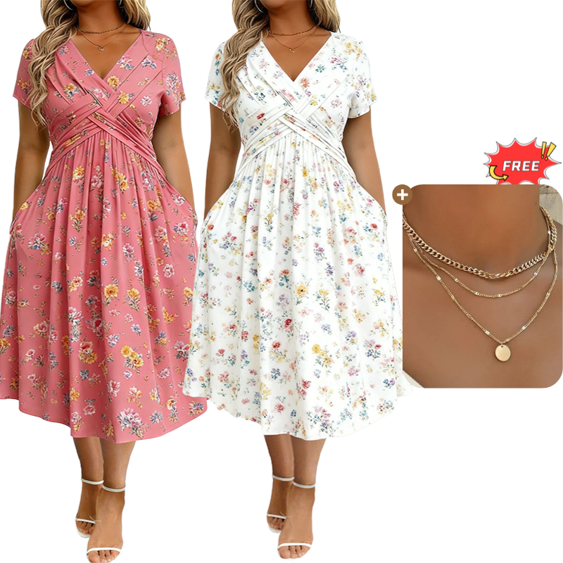 ✨Women's V-Neck Floral Print Dress with Twist Waist