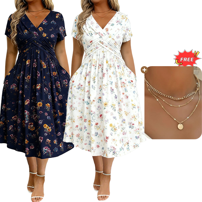 ✨Women's V-Neck Floral Print Dress with Twist Waist