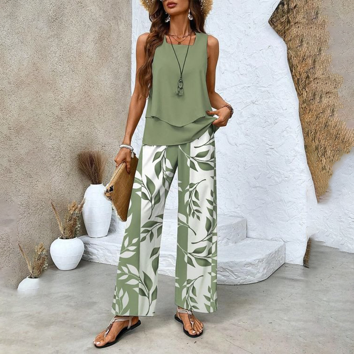 🌺 Women’s Trendy Print 2-Piece Outfit – Sleeveless Top & Pants Combo!"