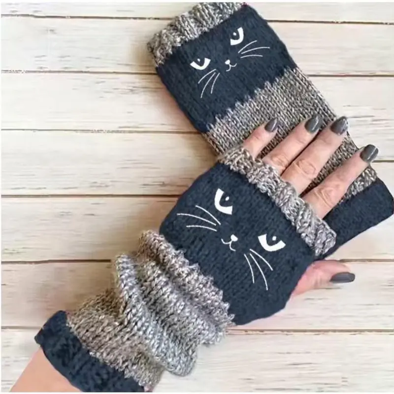🐱 Cute Women’s Knitted Cat Gloves — For Warm Hands & Free Fingers🧶