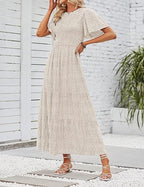 👗Women's Casual Floral Print Short Flutter Sleeve Smocked High Waist Flowy Maxi Dress