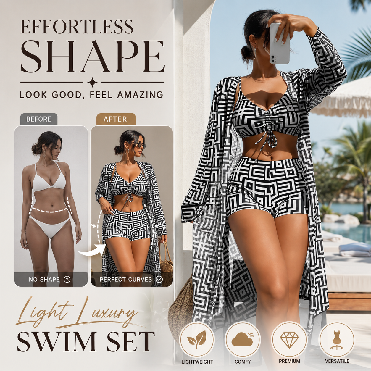 Women's Geometric Print 3-Piece Swimwear Set | High-Waisted Tummy Control Bikini & Sheer Cover-Up | Summer Beach Holiday Outfit