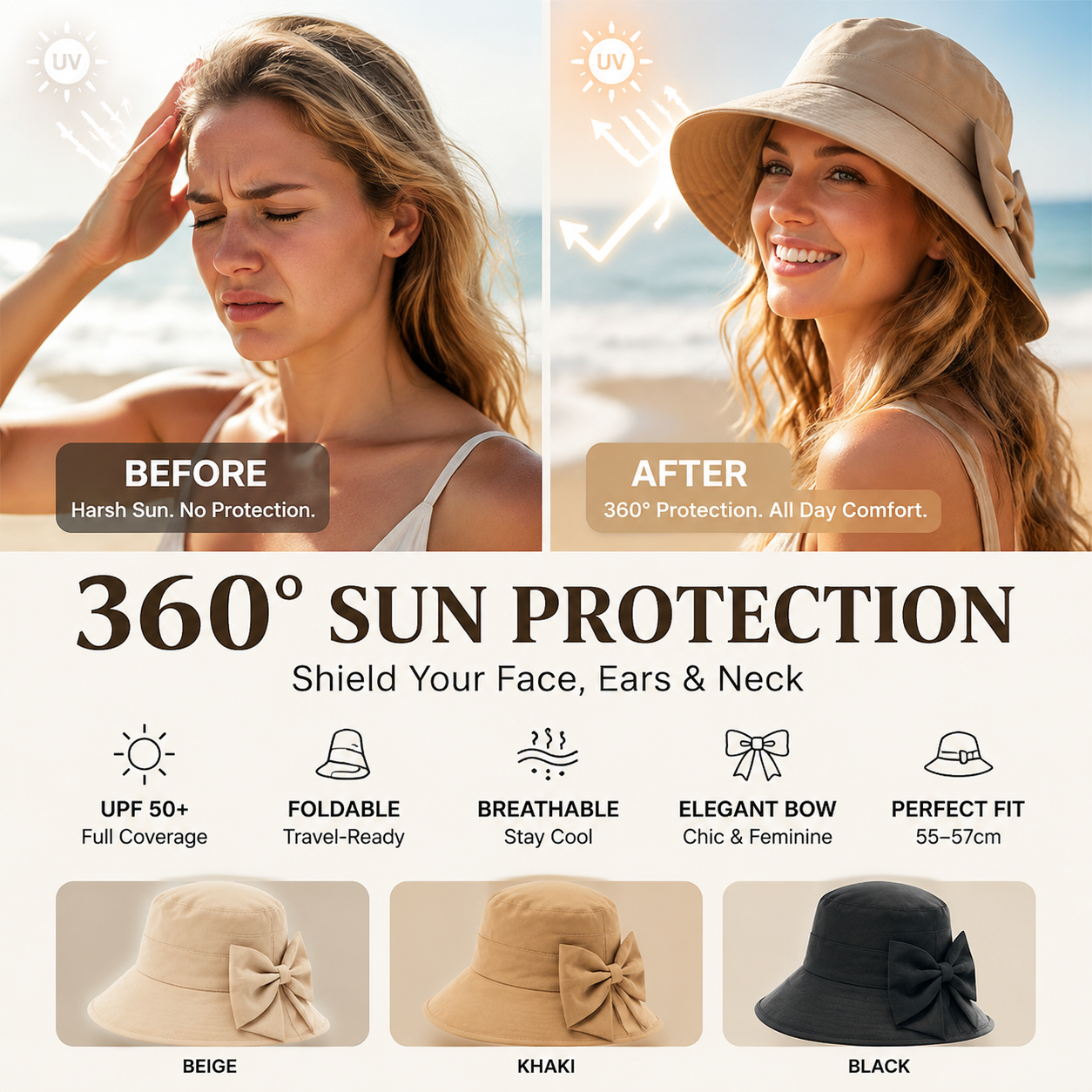 Women's Bowknot Wide Brim Sun Protective Hat
