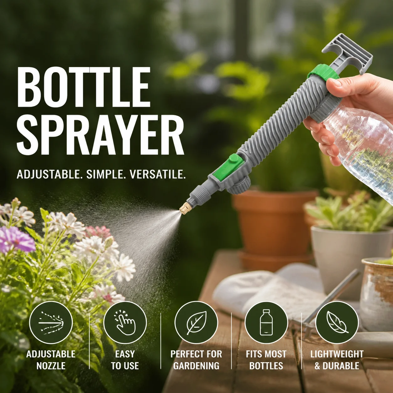 🌿Manual Drink Bottle Sprayer with Adjustable Nozzle‑Portable DIY Garden Spray Tool, Fits Standard Plastic Bottles for Plant Watering, Fertilizing & Pest Control