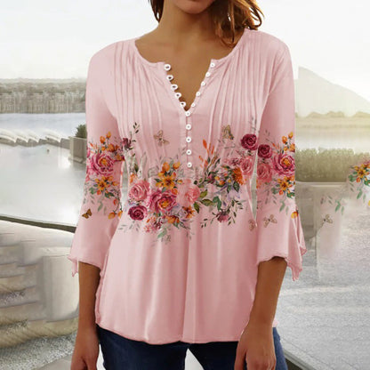 Women's Floral Button V-Neck Pleated 3/4 Sleeve T-Shirt