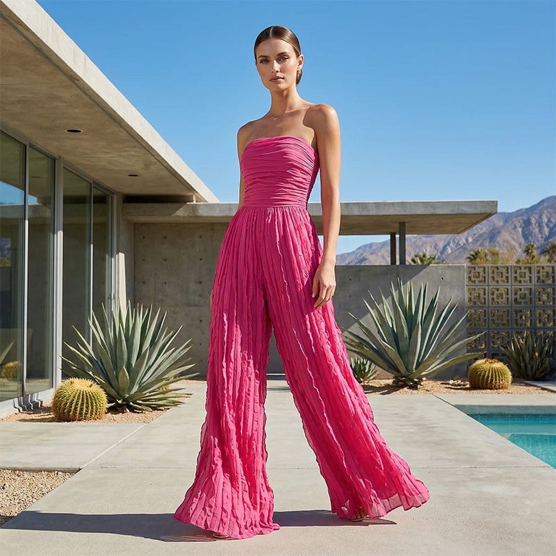Strapless Crinkle Wide-Leg Jumpsuit