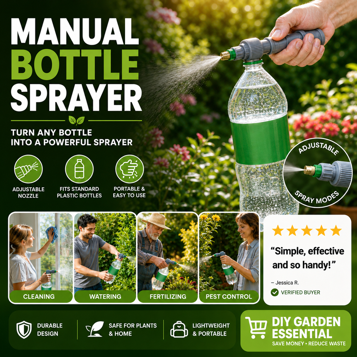 🌿Manual Drink Bottle Sprayer with Adjustable Nozzle‑Portable DIY Garden Spray Tool, Fits Standard Plastic Bottles for Plant Watering, Fertilizing & Pest Control