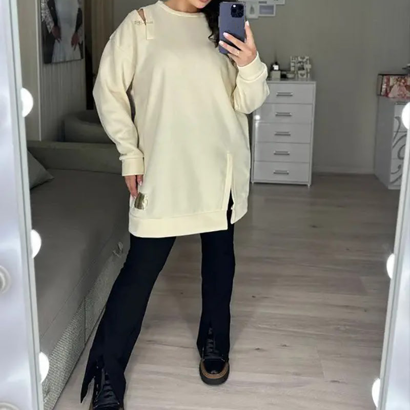 Stylish Round-Neck Side-Slit Long-Sleeve Loose Midi Dress ✨
