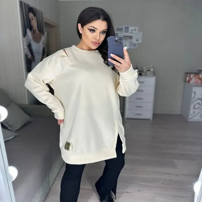 Stylish Round-Neck Side-Slit Long-Sleeve Loose Midi Dress ✨