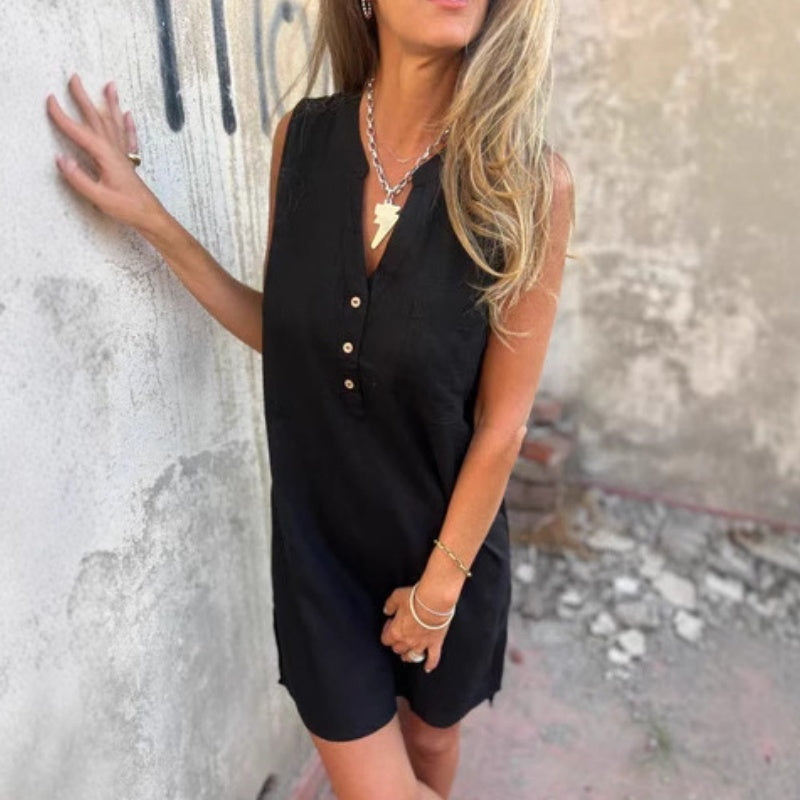 💖Women's Sleeveless Button Pocket V-Neck Dress