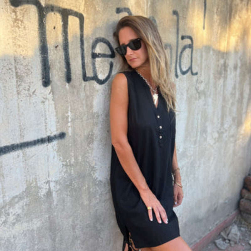 💖Women's Sleeveless Button Pocket V-Neck Dress