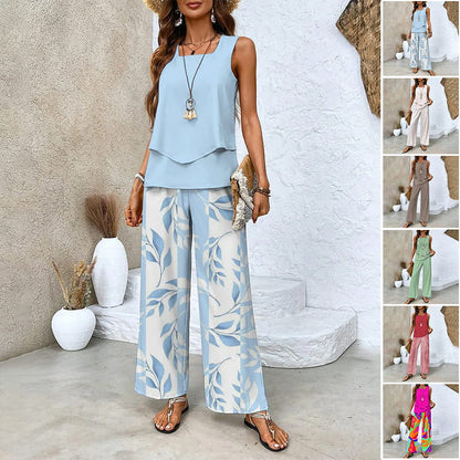 🌺 Women’s Trendy Print 2-Piece Outfit – Sleeveless Top & Pants Combo!"