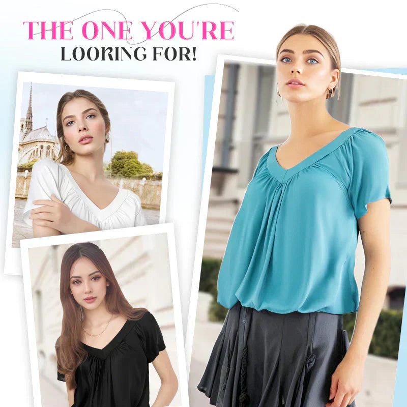 Women's Casual Pleated V-Neck Short-Sleeve Top