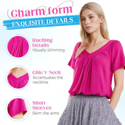 Women's Casual Pleated V-Neck Short-Sleeve Top