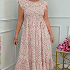 🌸Women's Elegant Floral Print High-Waisted Ruffle Cap Sleeve Dress💃