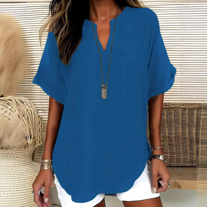 💎 Fashion Loose Short Sleeve Top – Notched V-Neck, Asymmetrical Hem & Lightweight Fabric (5 Colors, S–2XL) 👕🌸