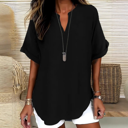 💎 Fashion Loose Short Sleeve Top – Notched V-Neck, Asymmetrical Hem & Lightweight Fabric (5 Colors, S–2XL) 👕🌸
