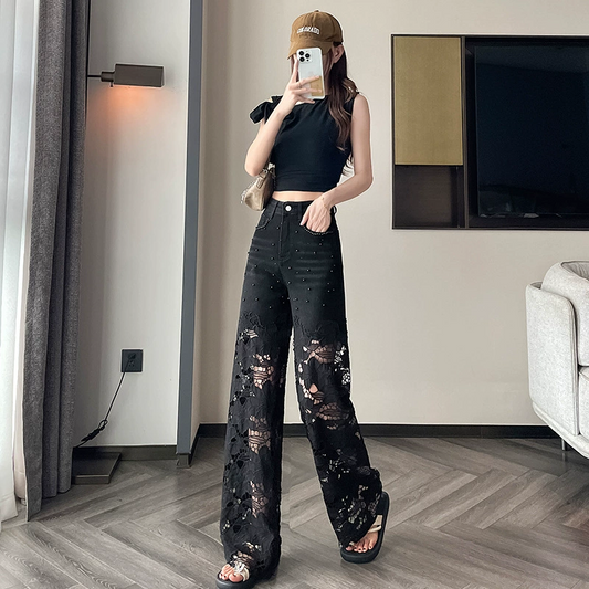 💜Women’s Spliced Hot Rhinestones Printing Hollow Pants