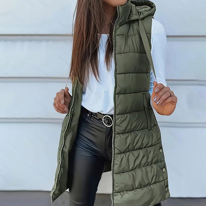 Women’s Zip-Up Long Puffer Vest👗 | Solid Color | Sleeveless | Hooded | Winter Wear 💕