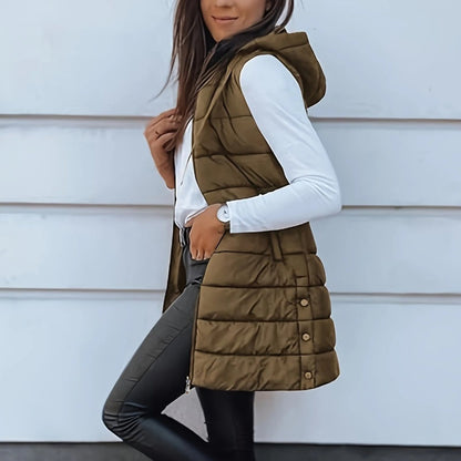 Women’s Zip-Up Long Puffer Vest👗 | Solid Color | Sleeveless | Hooded | Winter Wear 💕