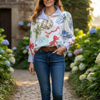 Christmas Ornaments Print Striped Collar Top