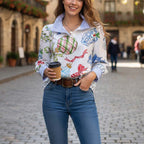 Christmas Ornaments Print Striped Collar Top