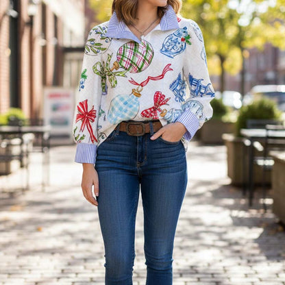 Christmas Ornaments Print Striped Collar Top