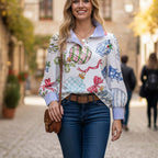 Christmas Ornaments Print Striped Collar Top