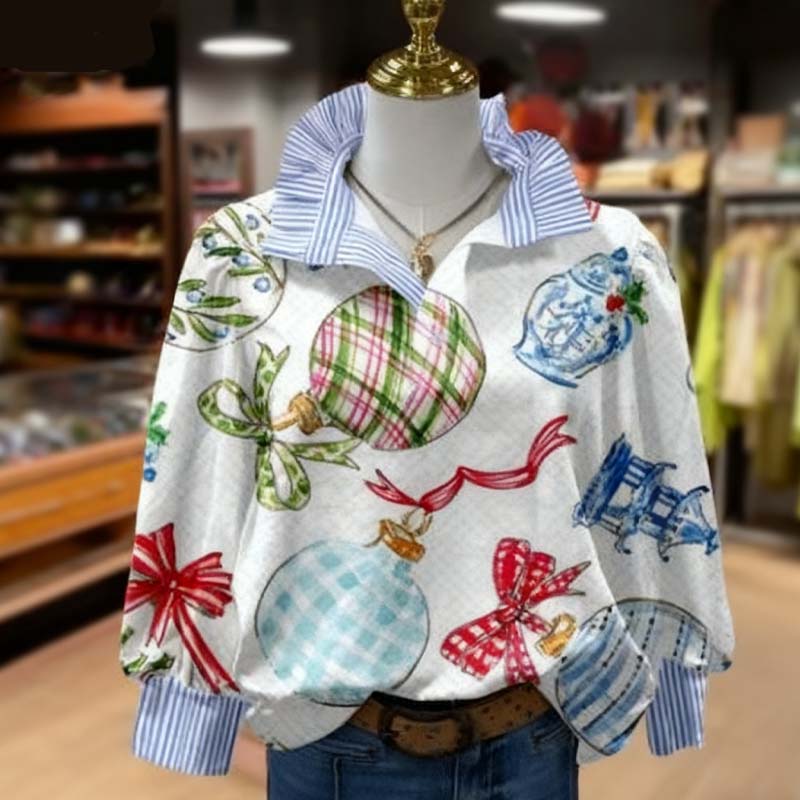 Christmas Ornaments Print Striped Collar Top