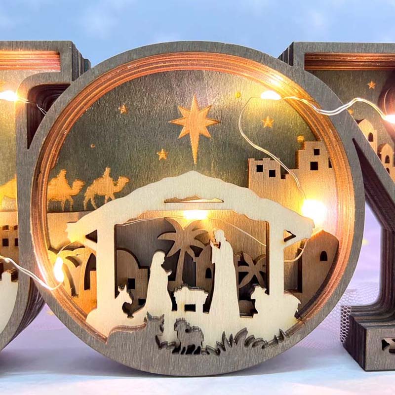 Wooden JOY Nativity Scene Christmas Ornament