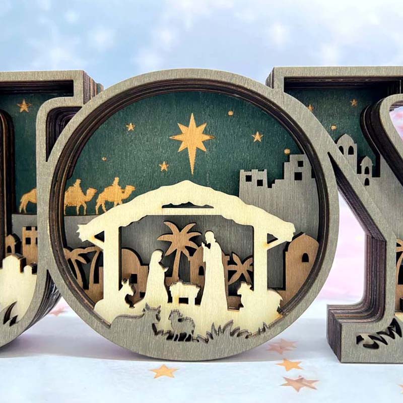 Wooden JOY Nativity Scene Christmas Ornament
