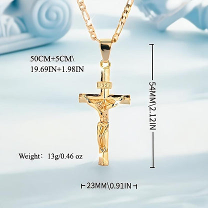✝️ Gold Crucifix Necklace – Detailed INRI Motif, Adjustable Figaro Chain & Hypoallergenic Finish 💛